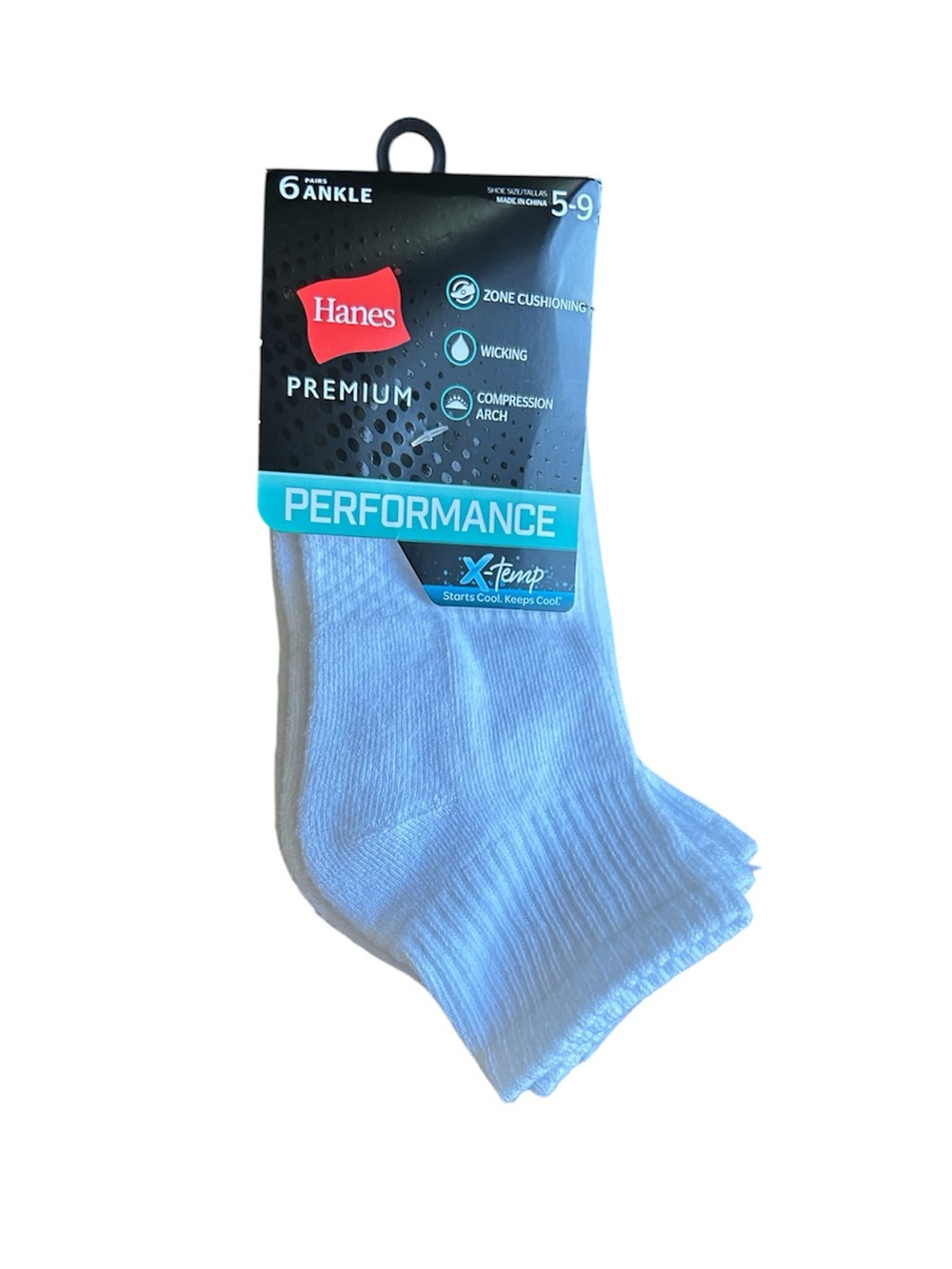 6 Pack Hanes Premium Ankle Socks in White - Sizes 5-9 - New With Tags